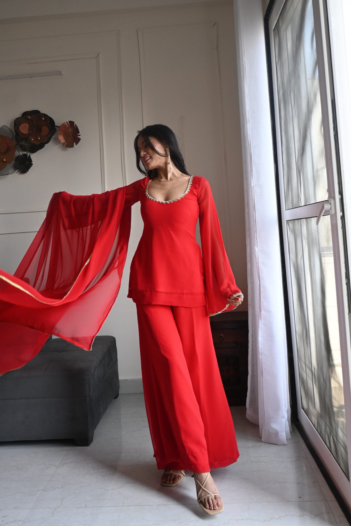 90's Style Red Handcrafted Georgette Palazzo Sharara Suit Set | Wedding & Party Wear