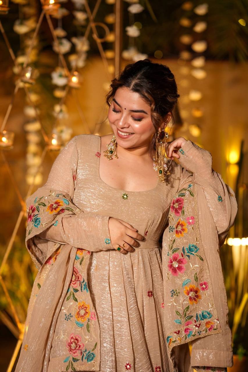 Champagne Beige Anarkali Sharara Set For Elegant Festive Wear | Sharara Set For Women