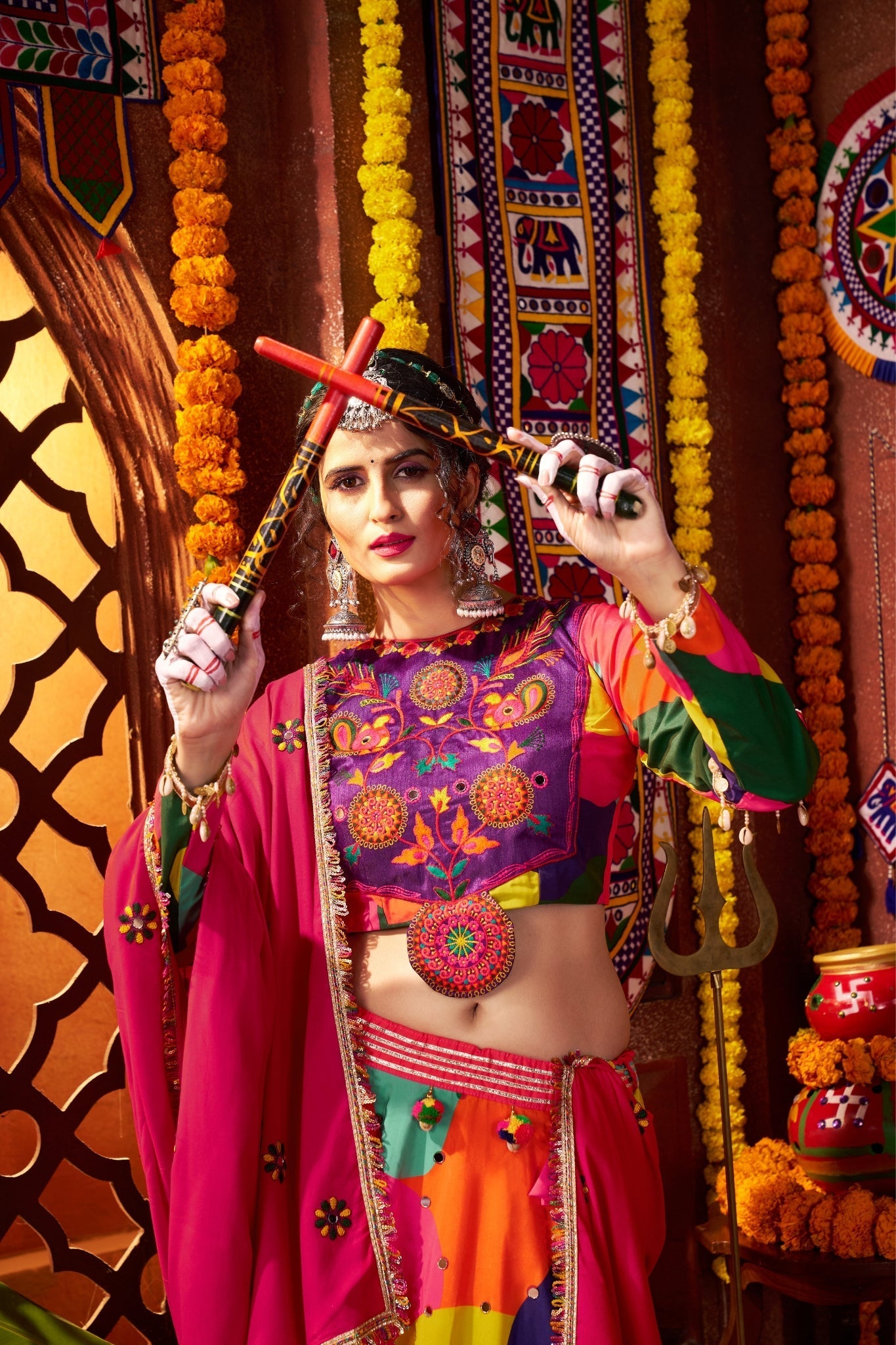 Beautiful Multi Color Designer Maslin Traditional Navratri Special Lehenga Choli - ETHNICDEAL