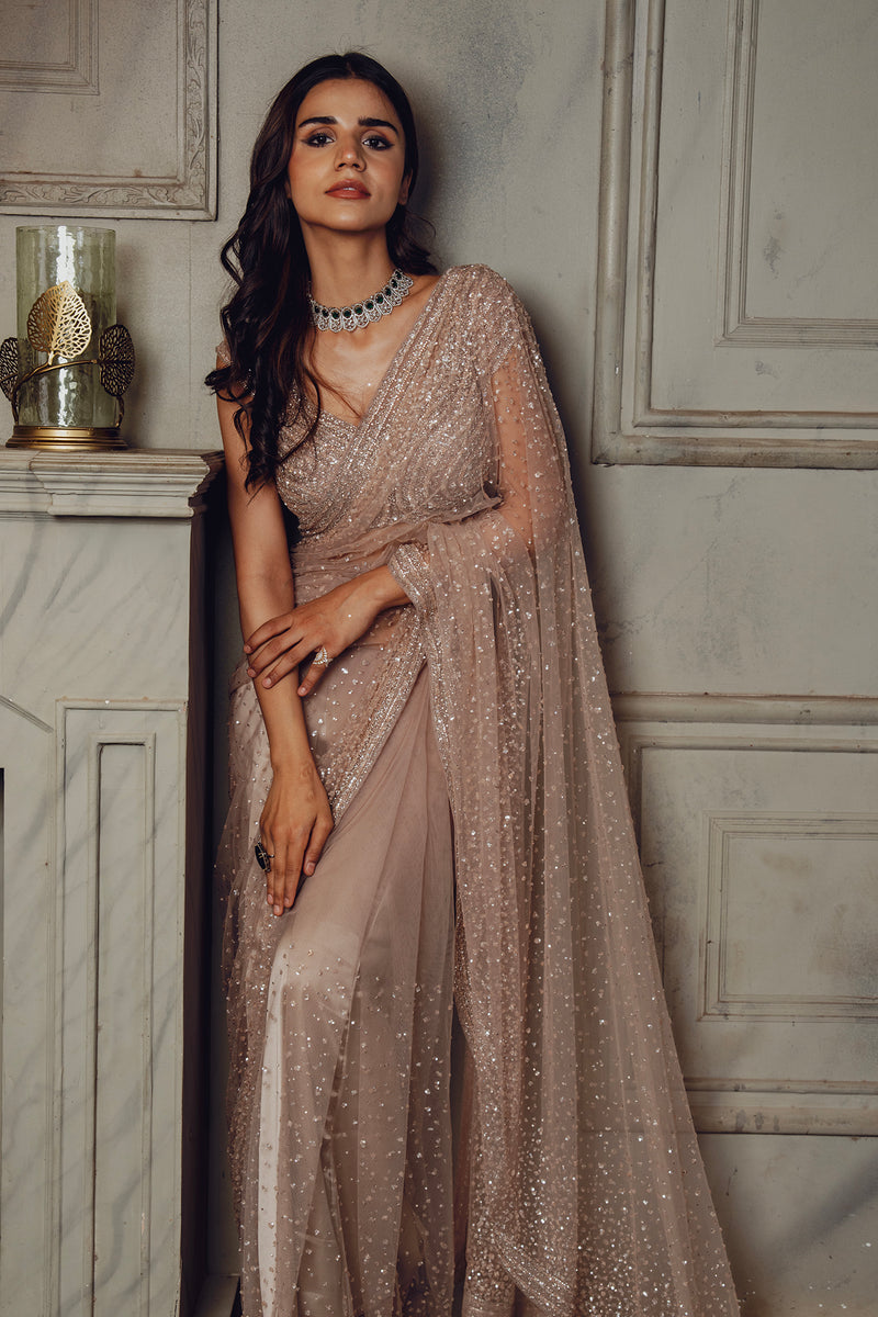 Modern Designer Golden Net Saree with Sequin Work | Reception & Party Wear