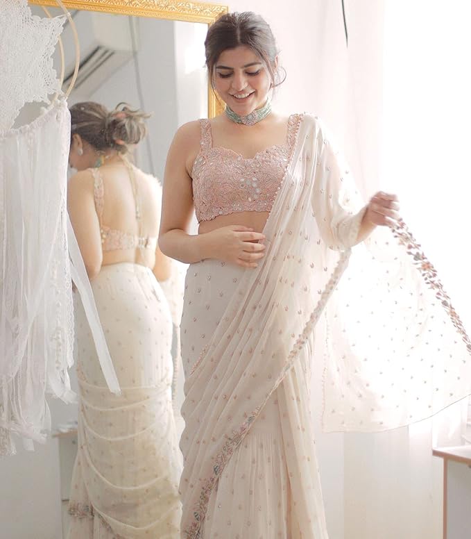 Party Wear Real Mirror Work Ready To Wear Saree For Wedding