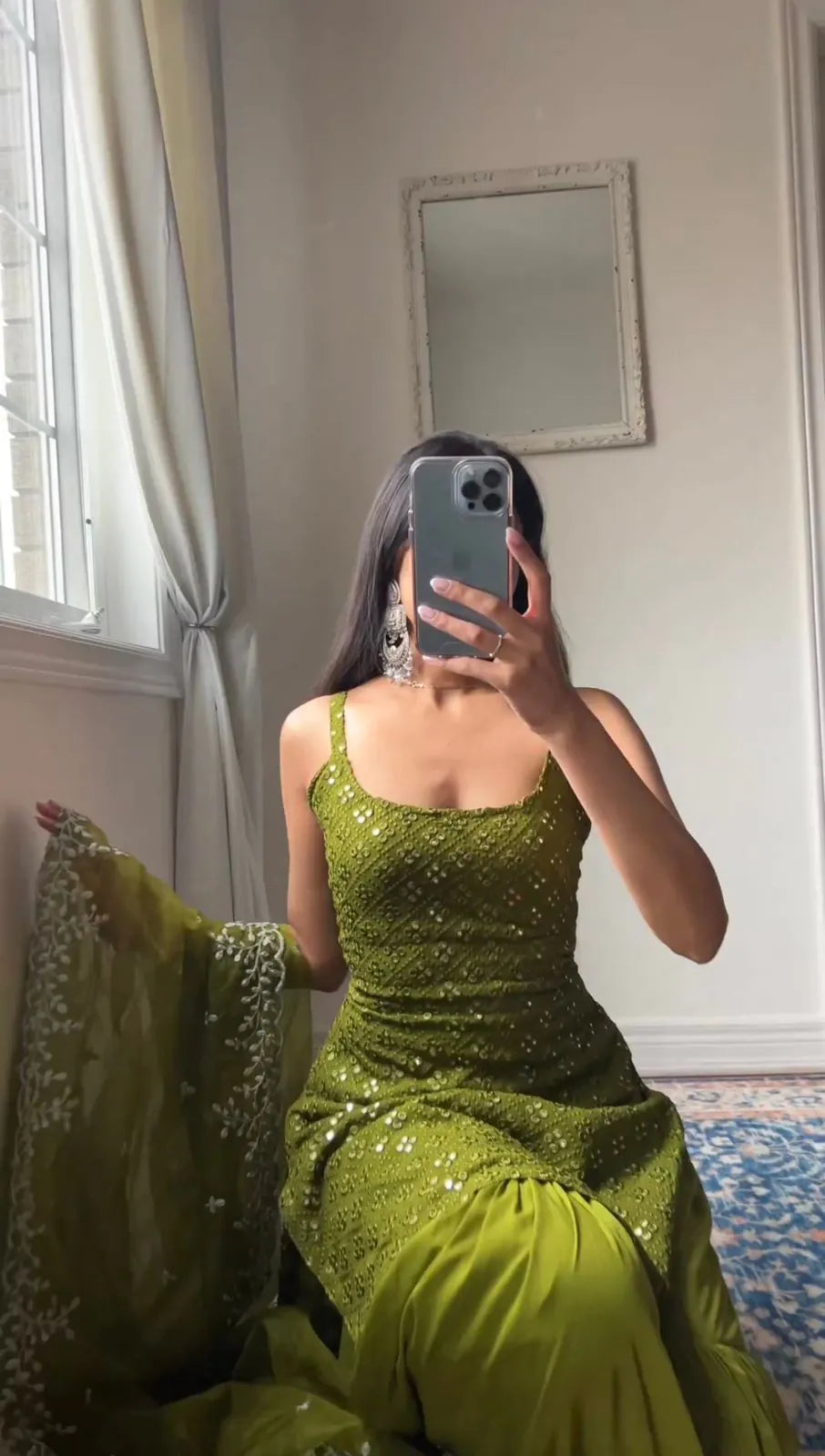 Festive Wear Olive Green Embroidered Georgette Kurti Sharara Suit | Reception & Sangeet Wear