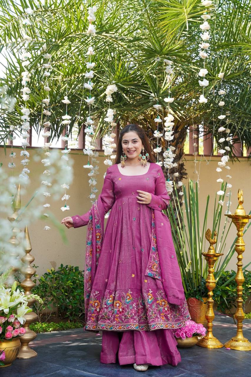 Festive Designer Wear Rose Pink Anarkali Sharara Set | Festive Wear for Women | Anarkali Suit For Women