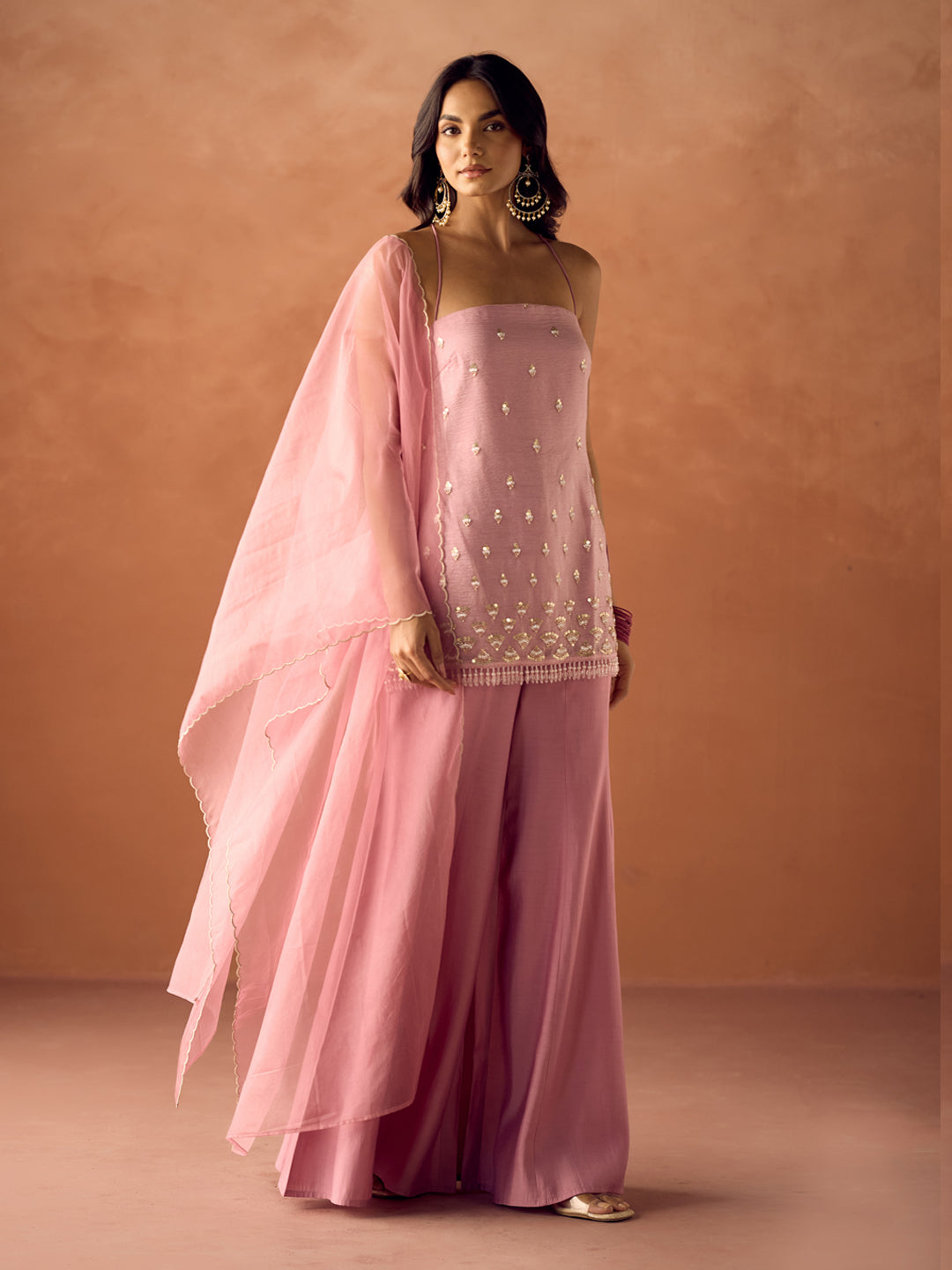 Light Pink Embroidered Organza Sharara Suit Set for Women