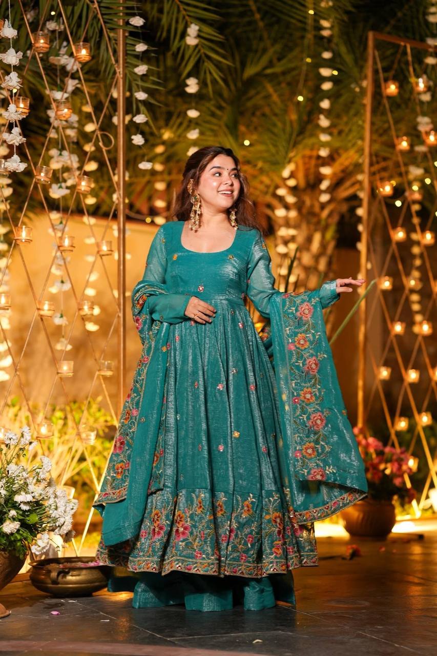 Festive Designer Wear Teal Green Anarkali Sharara Set | Festive & Mehendi Wear Dress | Sharara Set For Women
