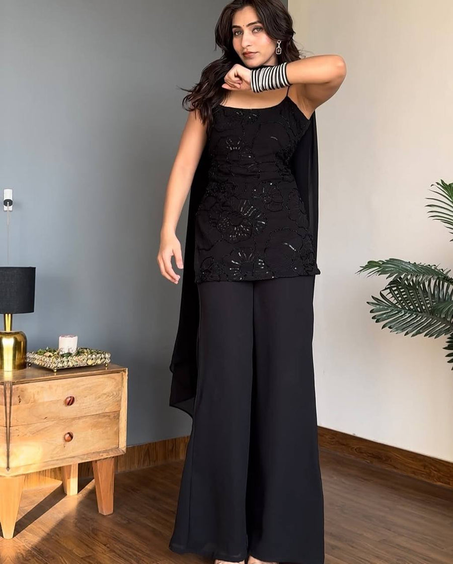 Classic 90's Inpired Black Cosmos Kurta Sharara Set For Women | Sharara Set For Women
