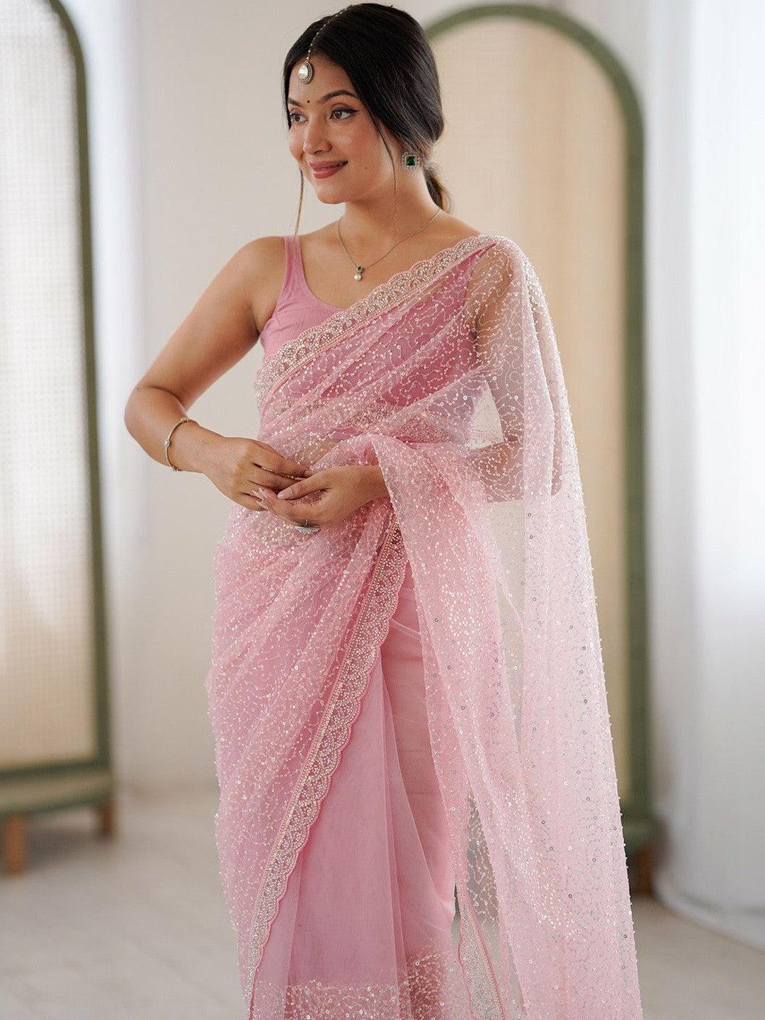 Blush Pink Sequin Embellished Saree For Women | Net Glitter Saree For Wedding