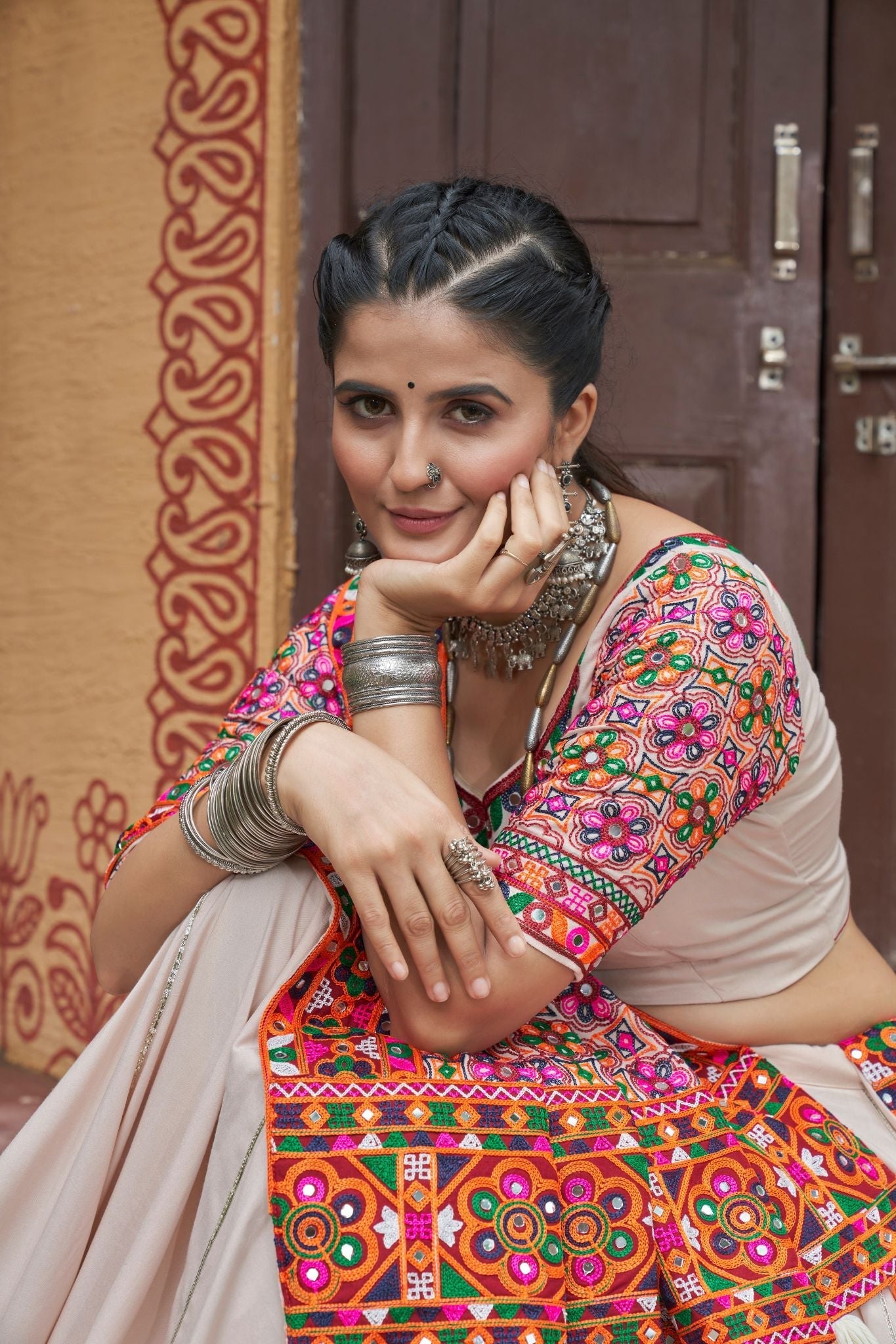 Beige Color Viscose Rayon Navratri Lehenga Choli - ETHNICDEAL