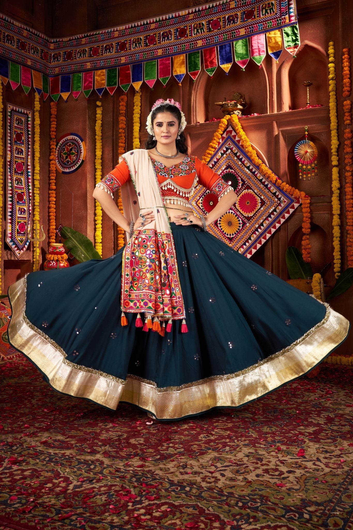 Teal Blue Designer Festive Lehenga Choli In Viscose Cotton And Perfect For Dandiya Nights - ETHNICDEAL