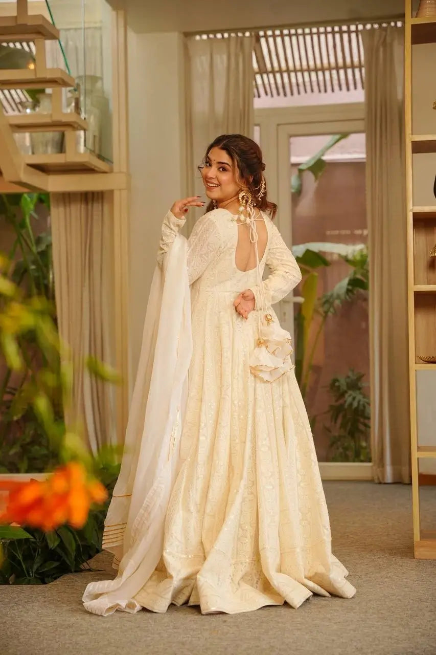 Off White Wedding Wear Georgette Anarkali Suit For Women | White Anarkali Suit For Women