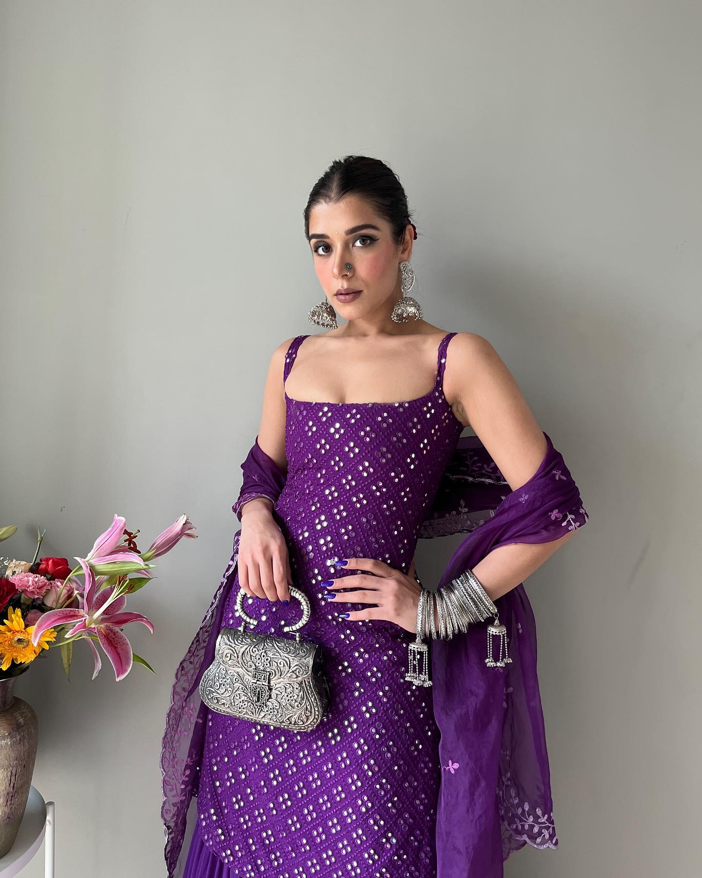 Party Wear Royal Purple Embroidered Georgette Kurti Sharara suit for wedding