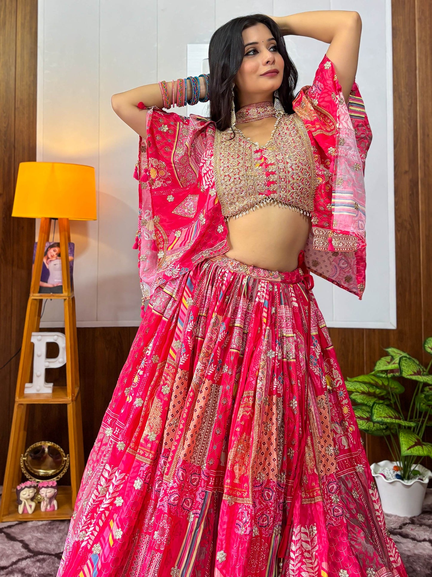 Alluring Pink Digital Printed Chinon Sangeet Wear Lehenga Choli With Dupatta