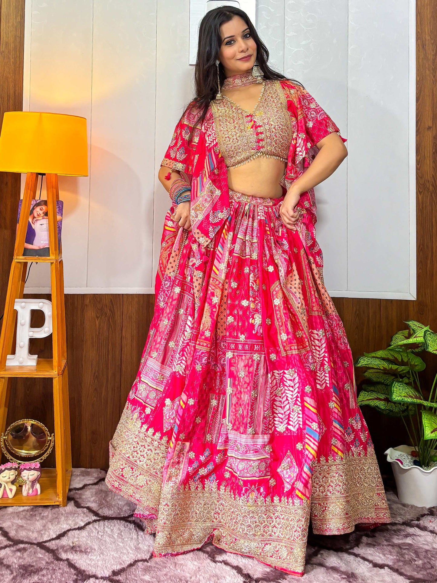 Alluring Pink Digital Printed Chinon Sangeet Wear Lehenga Choli With Dupatta