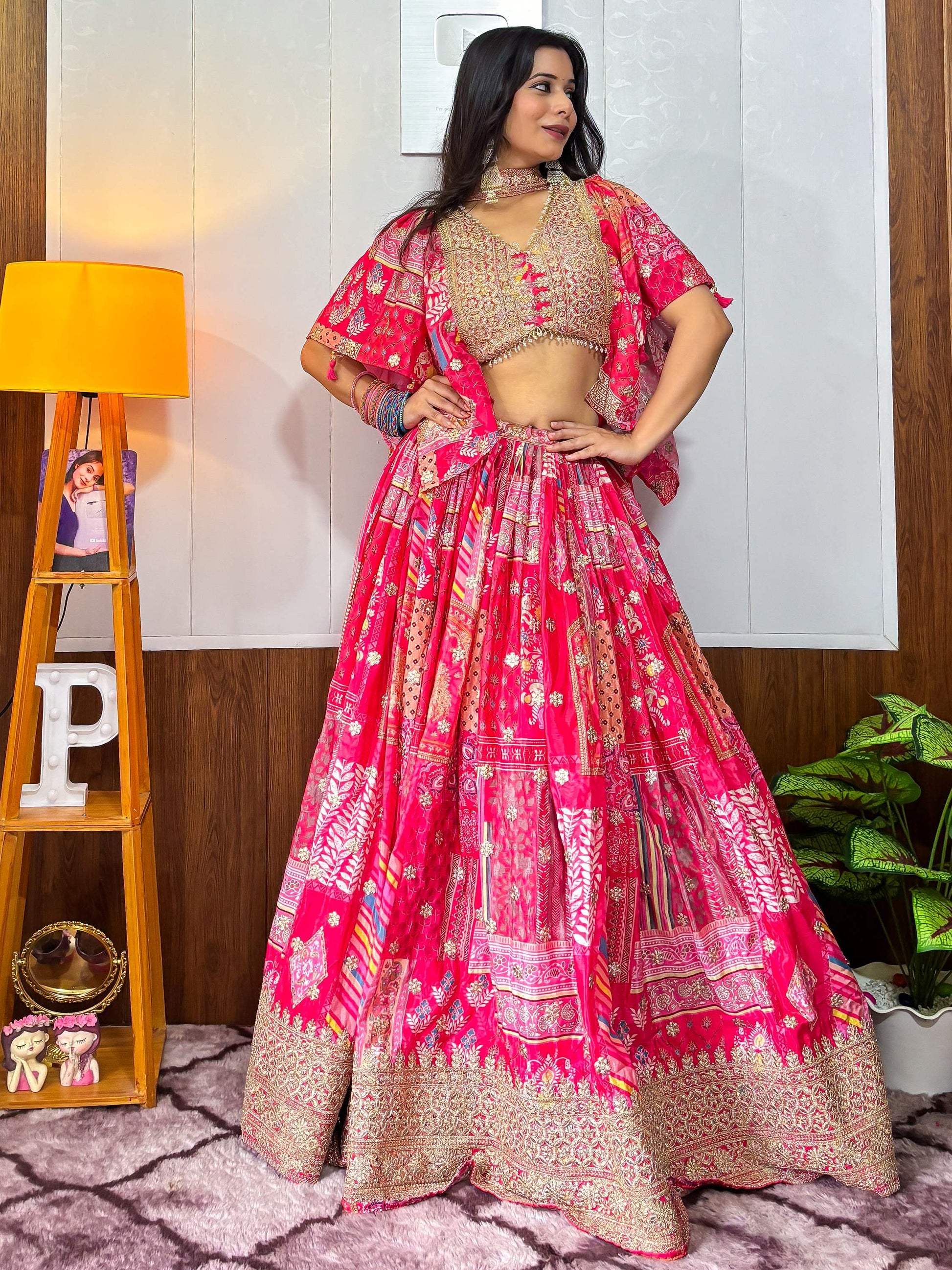 Alluring Pink Digital Printed Chinon Sangeet Wear Lehenga Choli With Dupatta