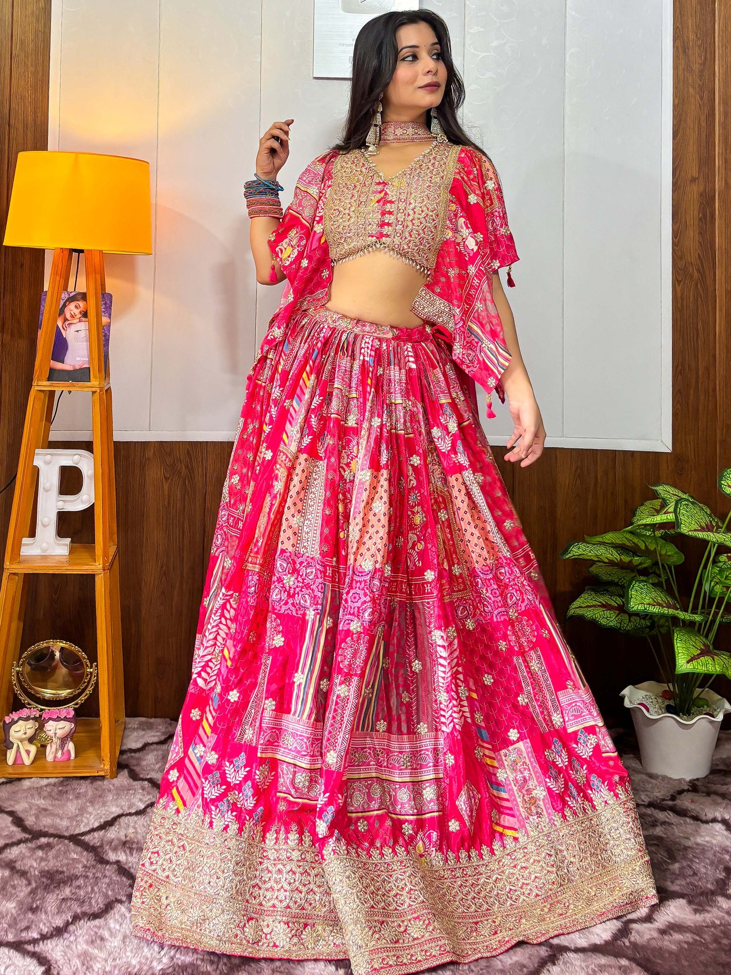Alluring Pink Digital Printed Chinon Sangeet Wear Lehenga Choli With Dupatta