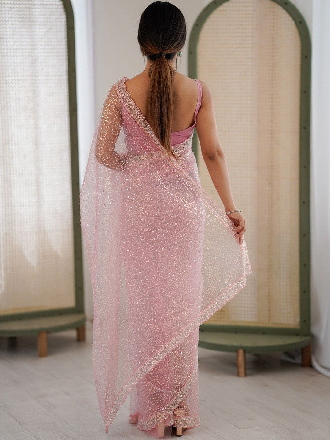 Blush Pink Sequin Embellished Saree For Women | Net Glitter Saree For Wedding