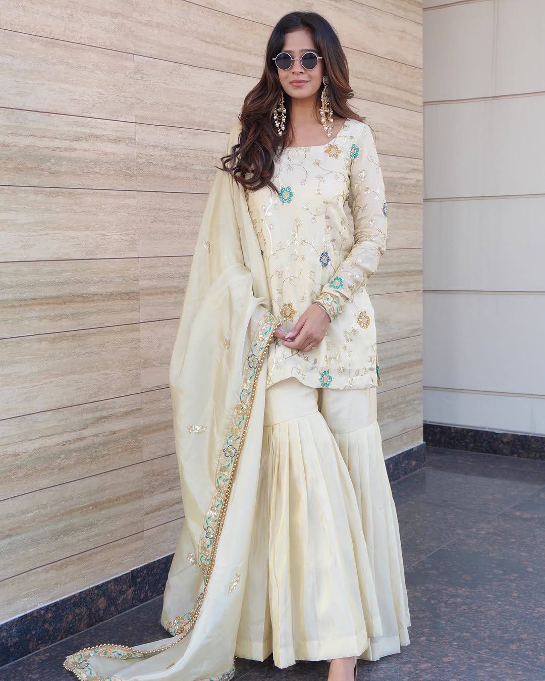Ivory Chinnon Silk Embroidered Sharara Set For Women