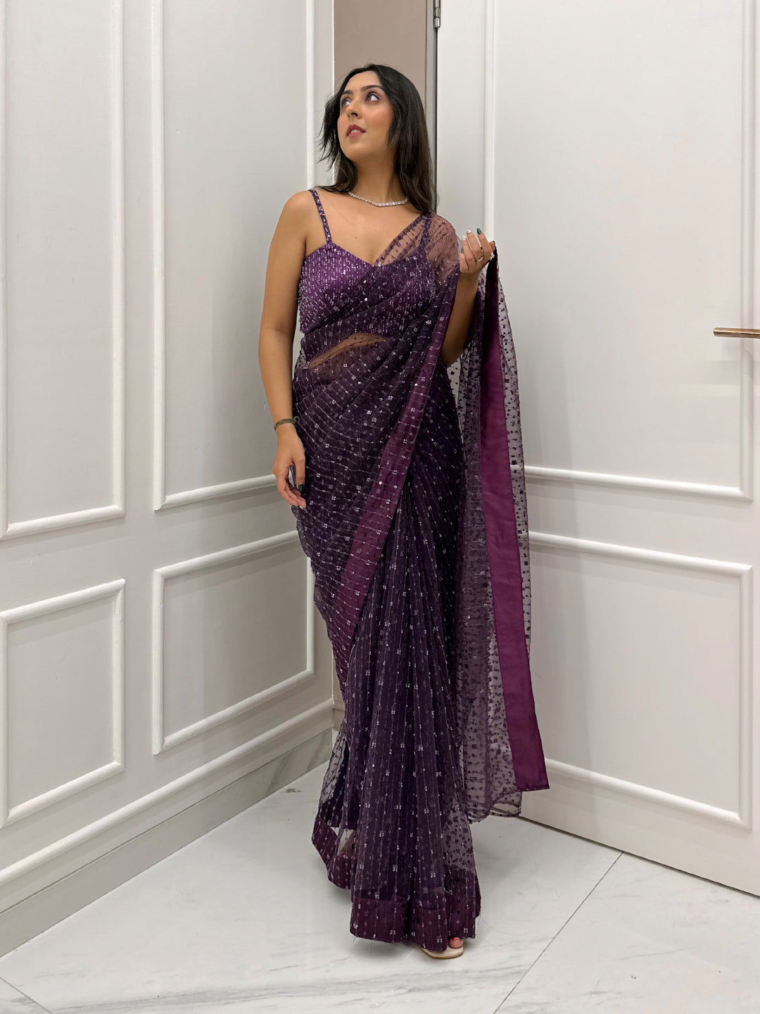 Purple Sequin Net Saree With Blouse | Net Glitter Saree | Saree For Women
