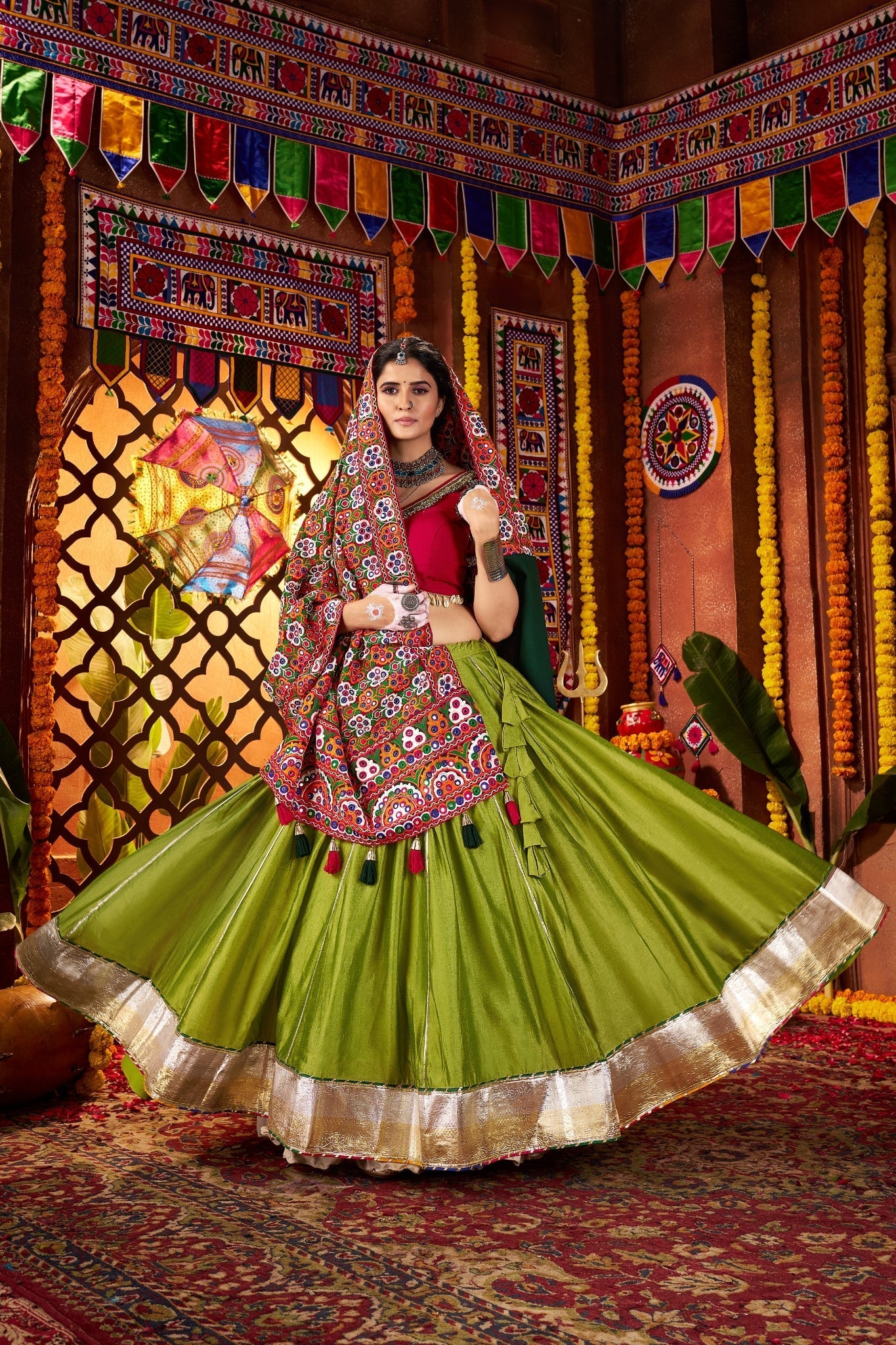 Fluorescent Green Stylish Designer Navratri Special Lehenga Choli - ETHNICDEAL