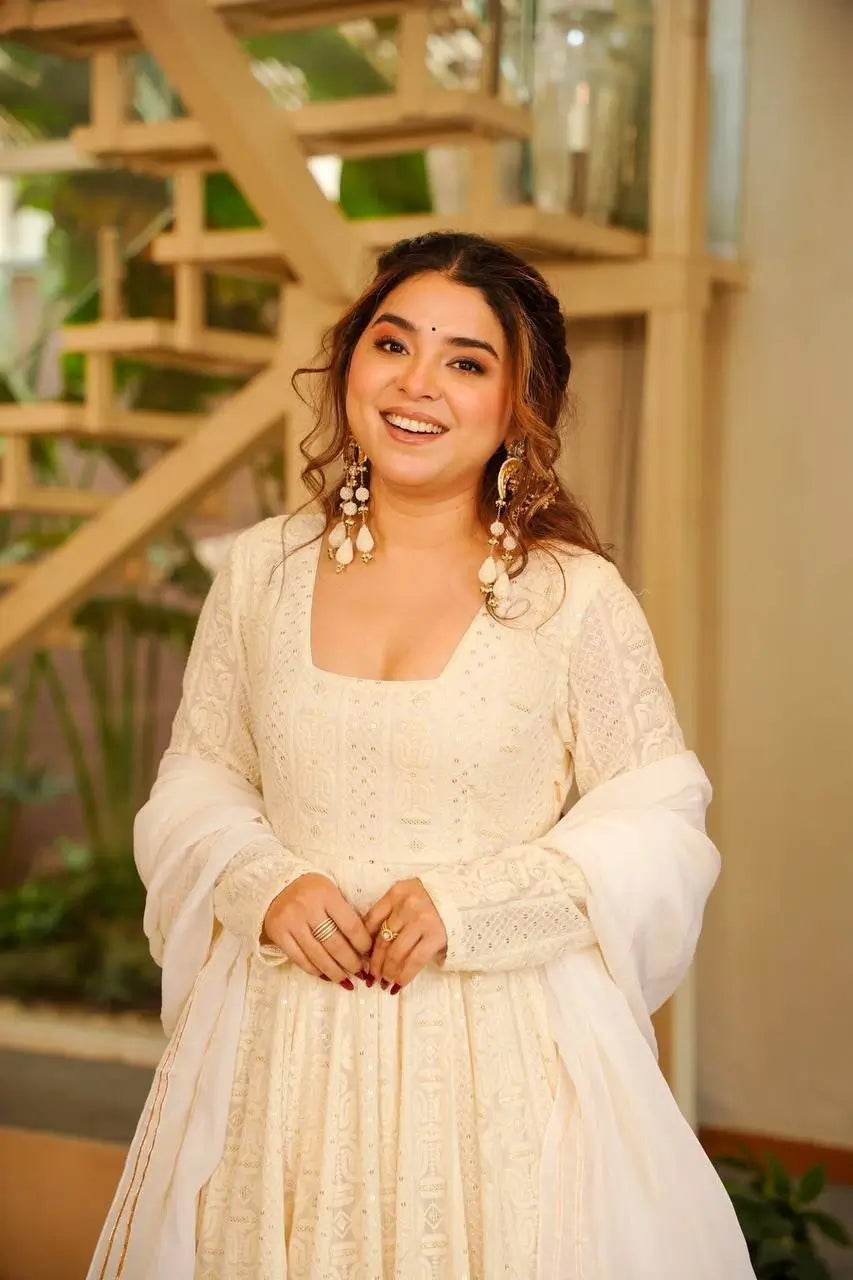 Off White Wedding Wear Georgette Anarkali Suit For Women | White Anarkali Suit For Women