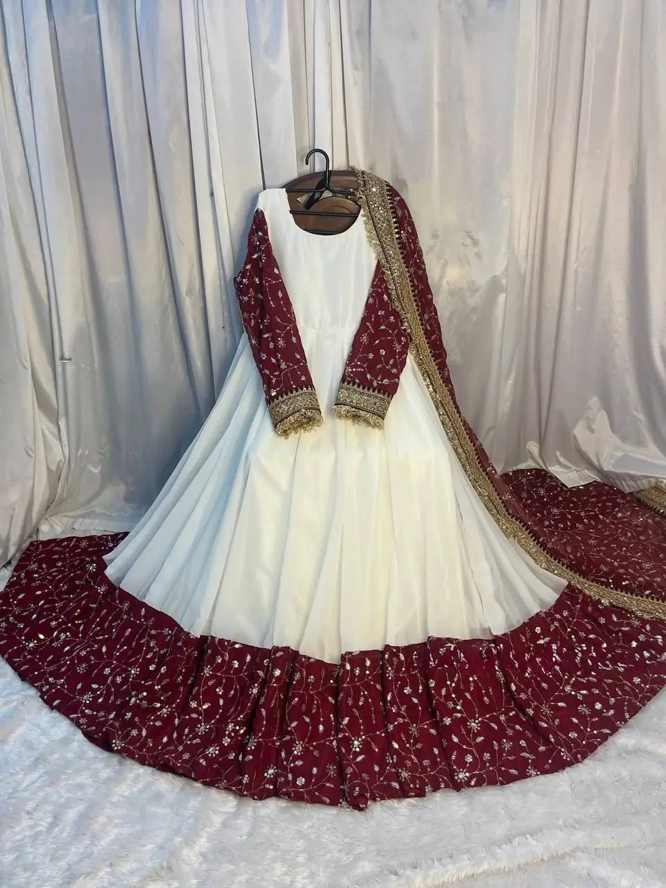 White & Maroon Embroidered Faux Georgette Maxi Anarkali Suit For Women | White Anarkali Suit For Women