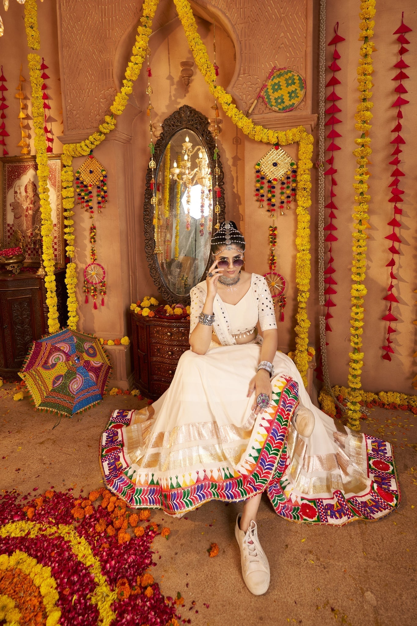 Viscose Rayon Thread Embroidered With Mirror Work Readymade Navratri Lehenga Choli - ETHNICDEAL