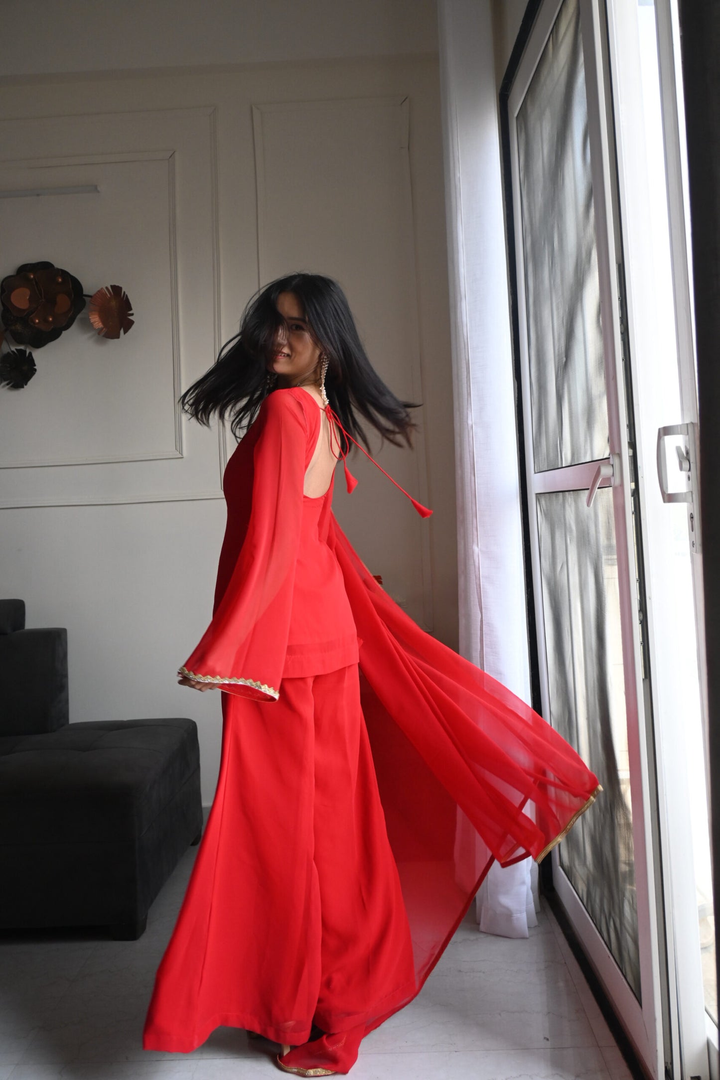 90's Style Red Handcrafted Georgette Palazzo Sharara Suit Set | Wedding & Party Wear