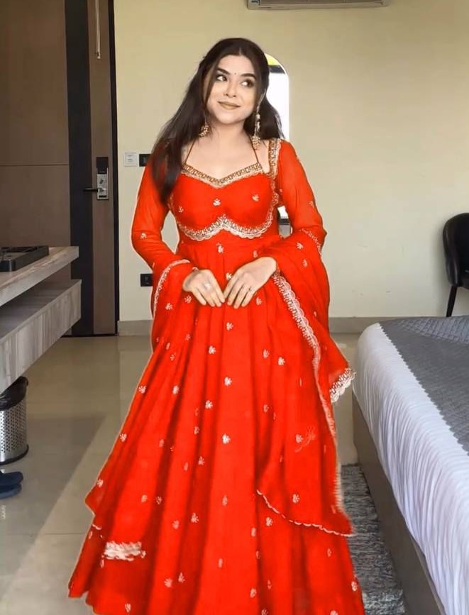 Red Chilli Slit Anarkali Premium Suit Set | Festive & Party Wear