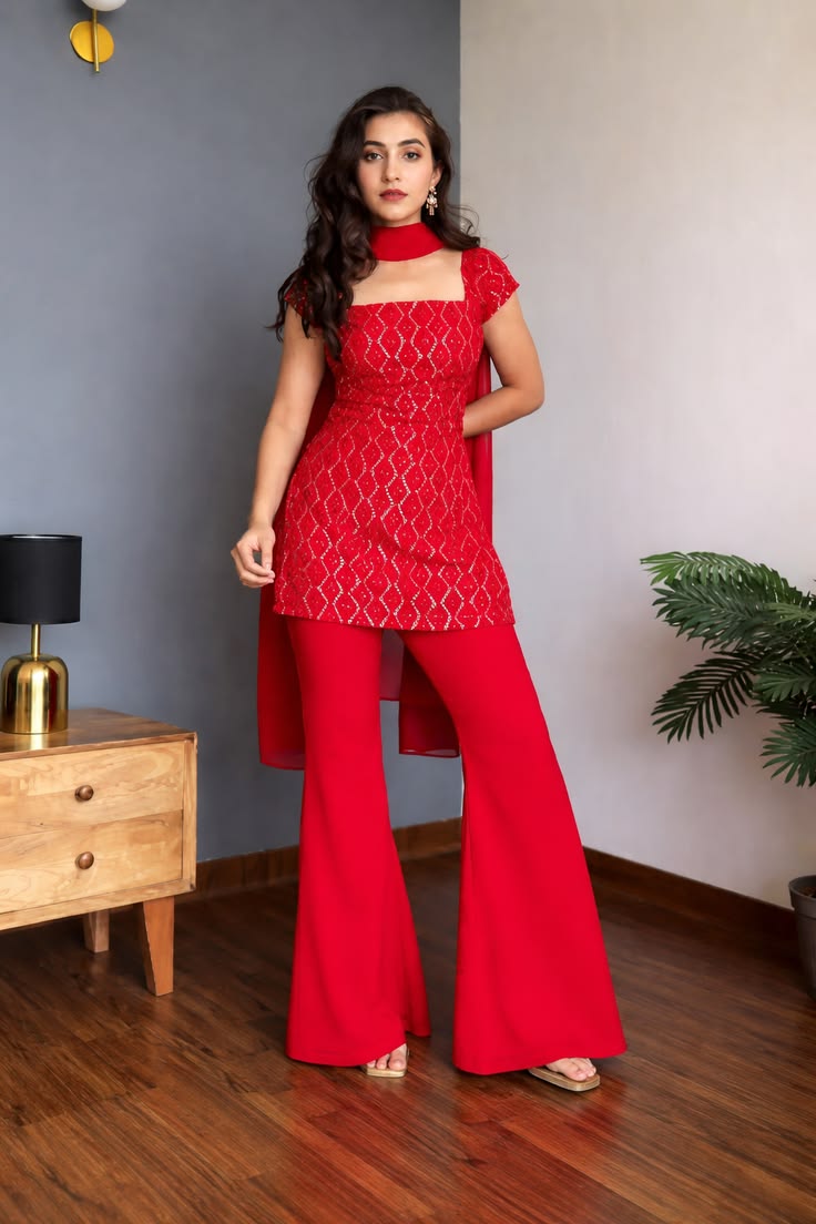 Viral Bollywood Style Red Sharara Set For Women | 90s Kurti Set