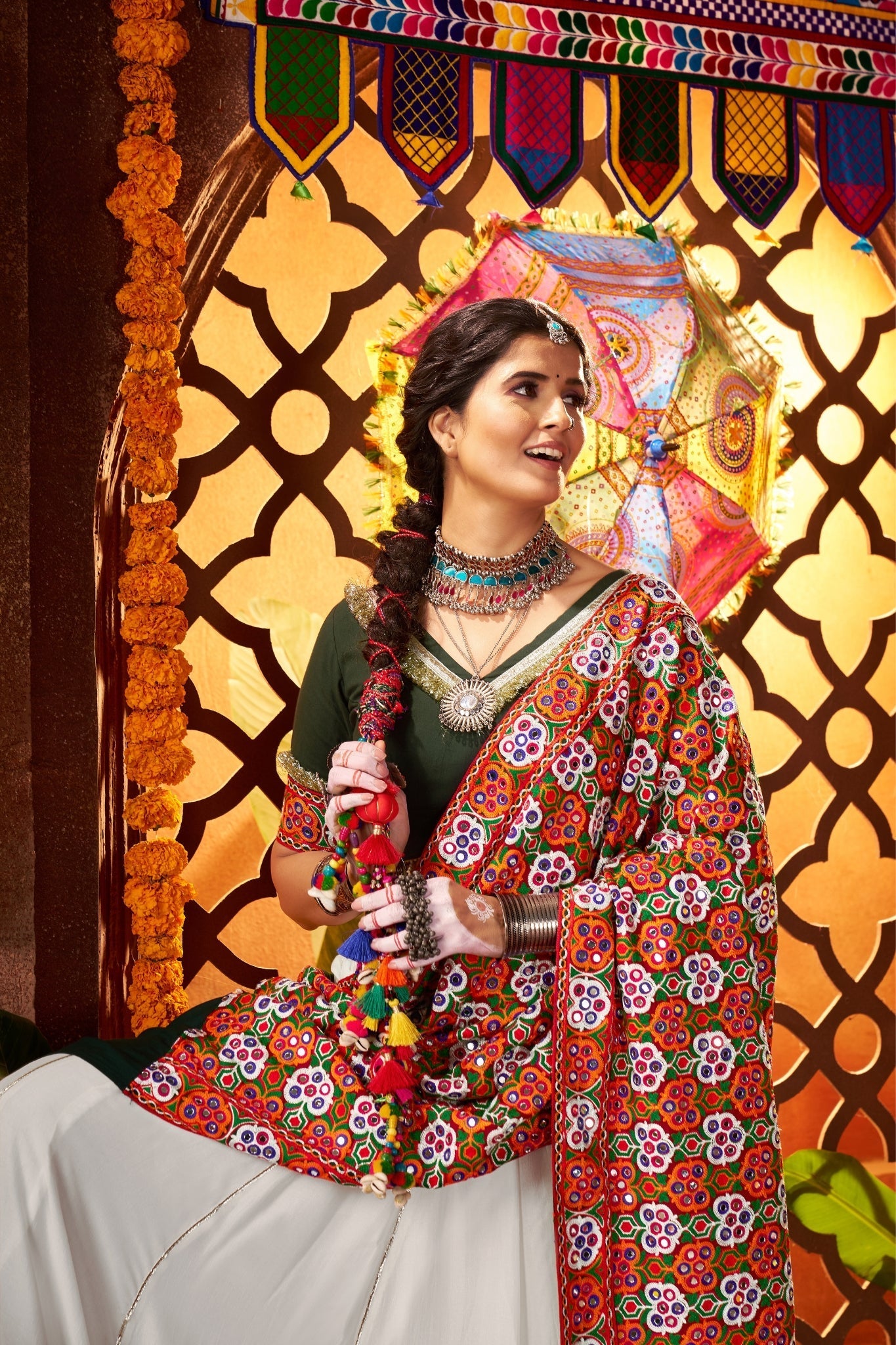 Beautiful White Designer Silk Navratri Special Lehenga Choli Set - ETHNICDEAL