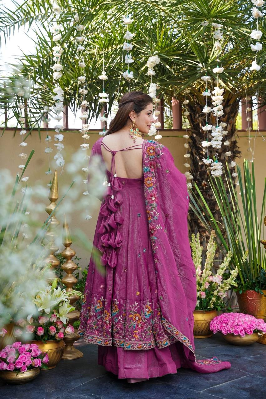 Festive Designer Wear Rose Pink Anarkali Sharara Set | Festive Wear for Women | Anarkali Suit For Women