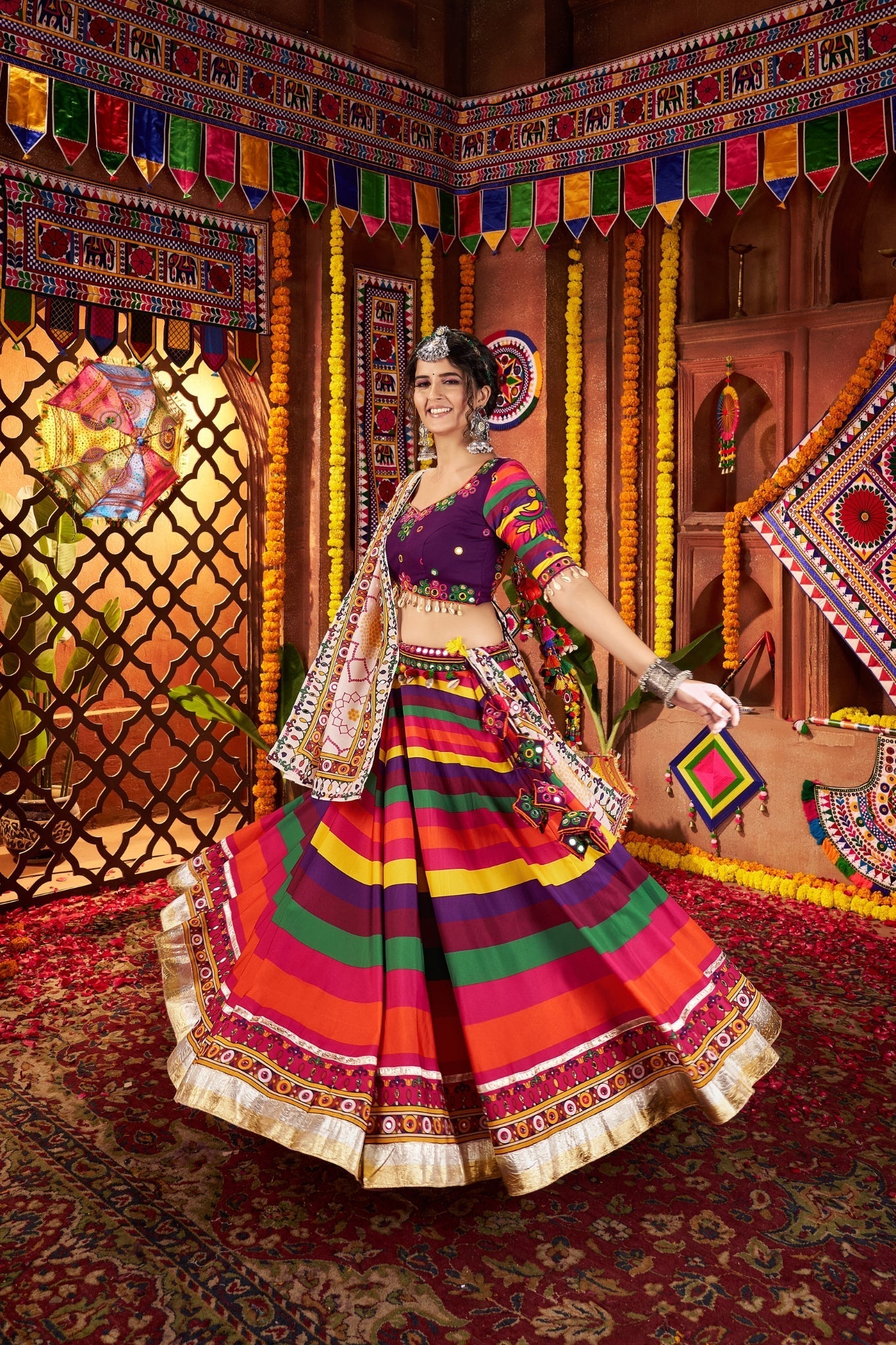 Multi Color Muslin Designer Stunning Print With Mirror Work Navratri Lehenga Choli - ETHNICDEAL