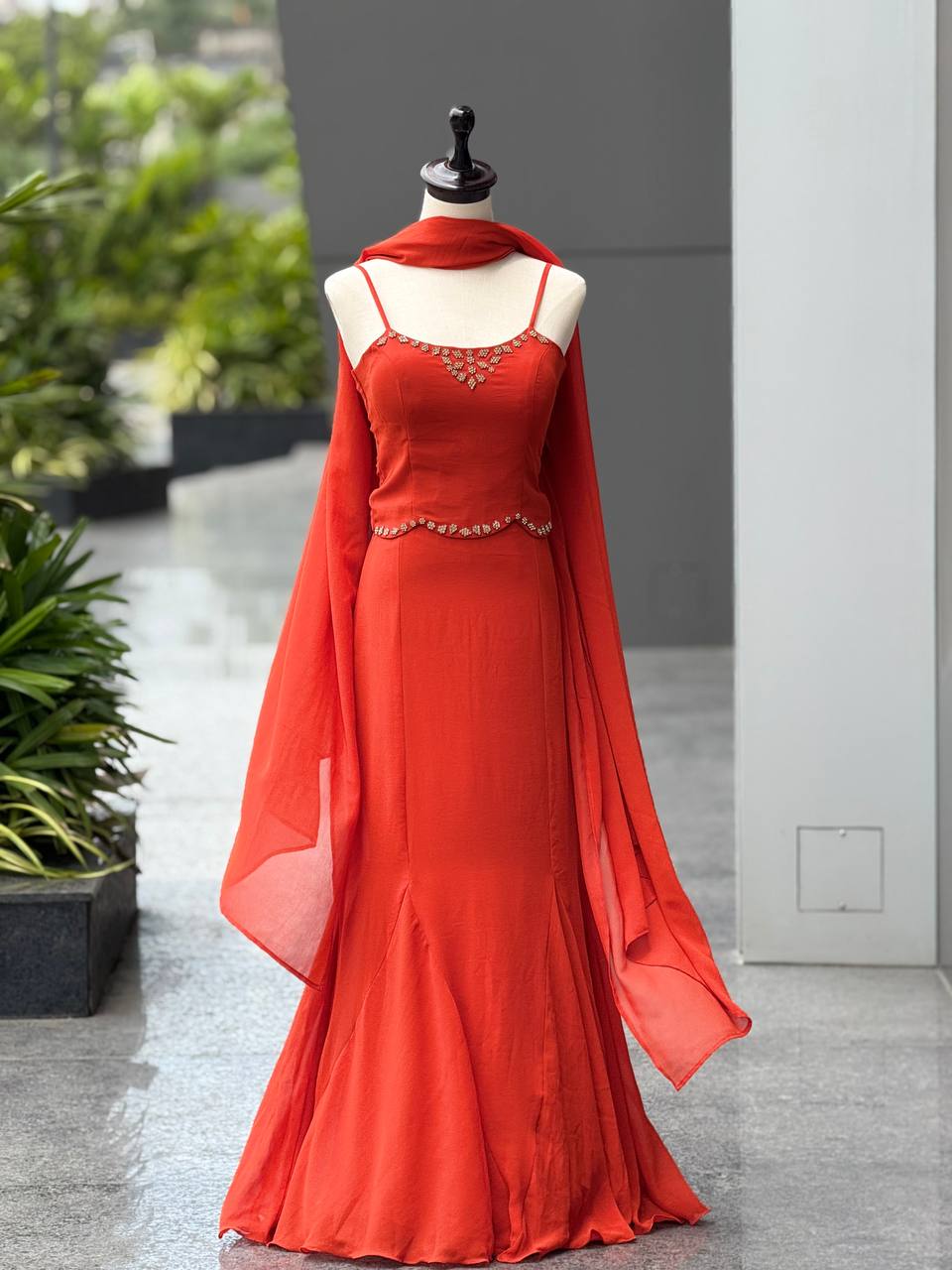 90’s Style Red Fish Cut Lehenga Choli for Women