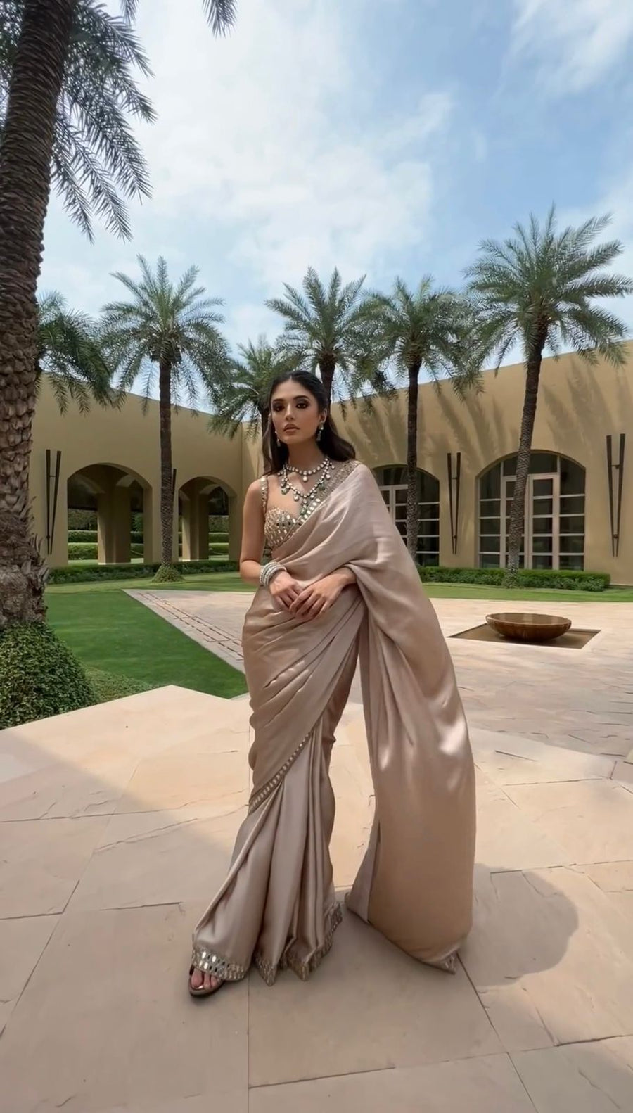 Partywear Champagne Beige Satin Silk Saree with Real Mirror Work Border & Designer Blouse