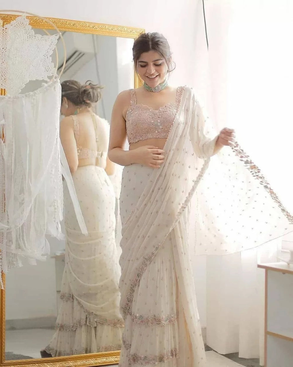 Party Wear Real Mirror Work Ready To Wear Saree For Wedding