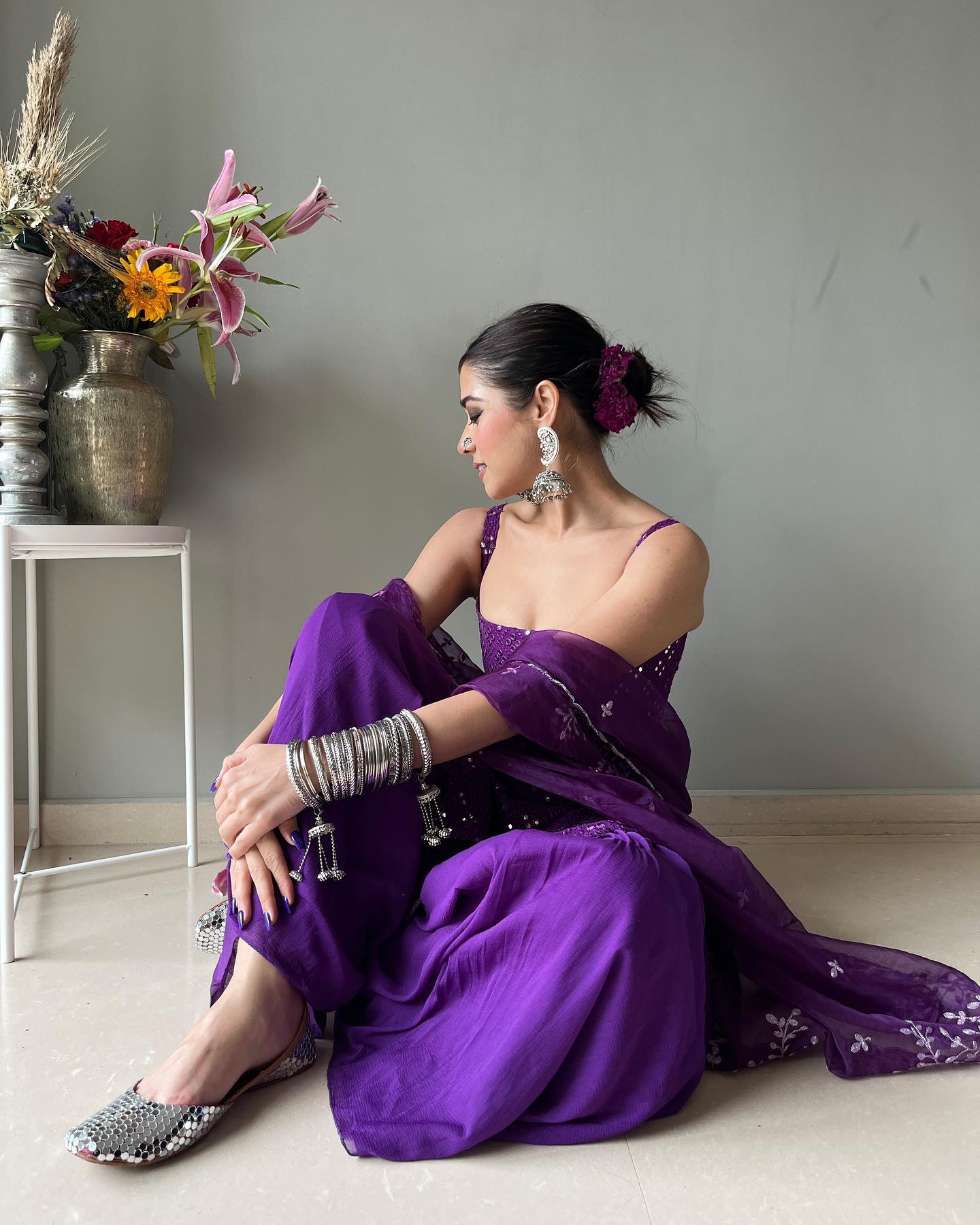 Party Wear Royal Purple Embroidered Georgette Kurti Sharara suit for wedding