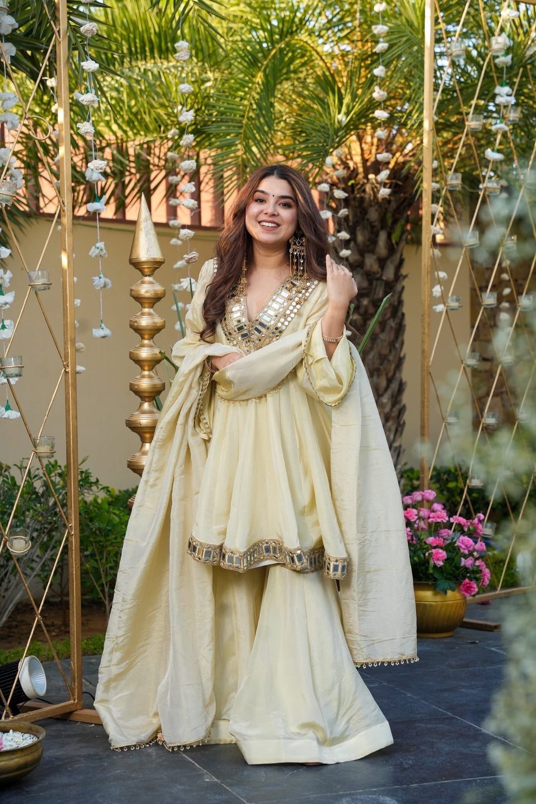White Ivory Color Heavy Mirror Embellished Anarkali With Sharara & Dupatta | White Anarkali Suit For Women