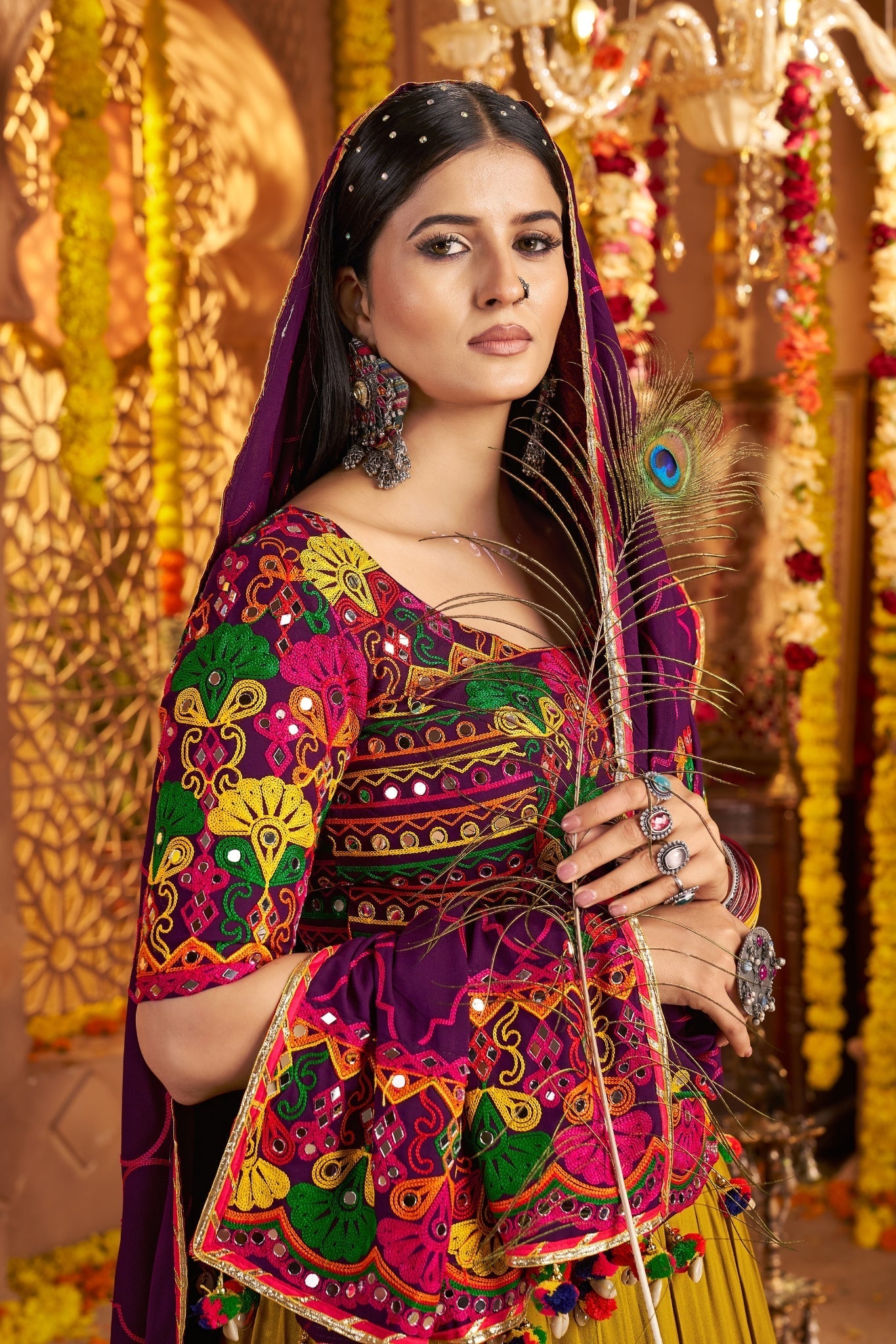 Designer Festive Spirit Viscose Cotton Multi Tread With Mirror Work Traditional Navratri Lehenga Choli - ETHNICDEAL