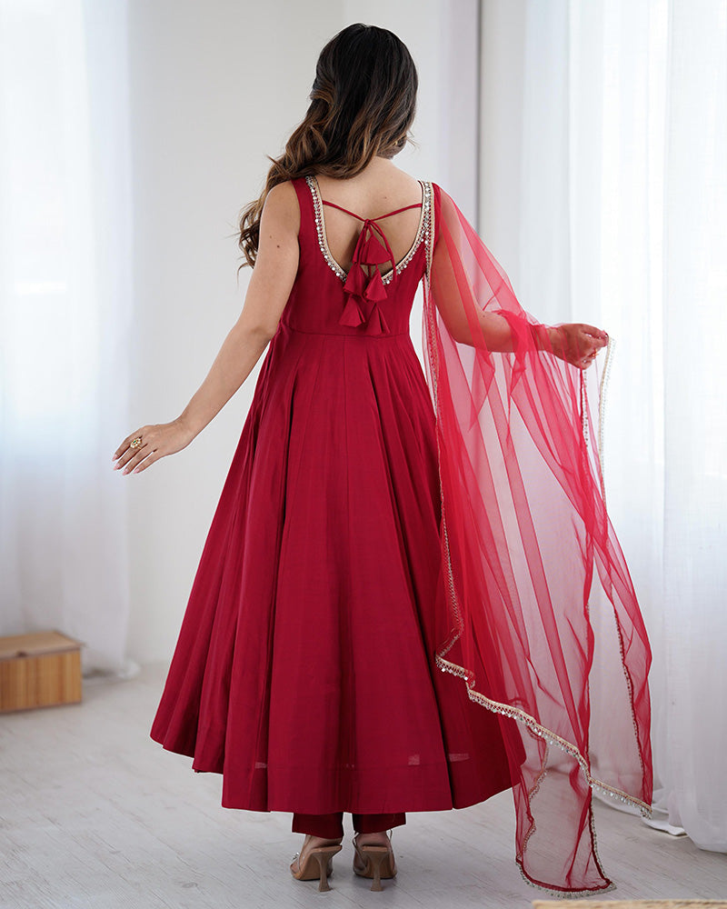 Maroon Chanderi Silk Anarkali Suit – Elegant Pure Roman Silk Party Wear