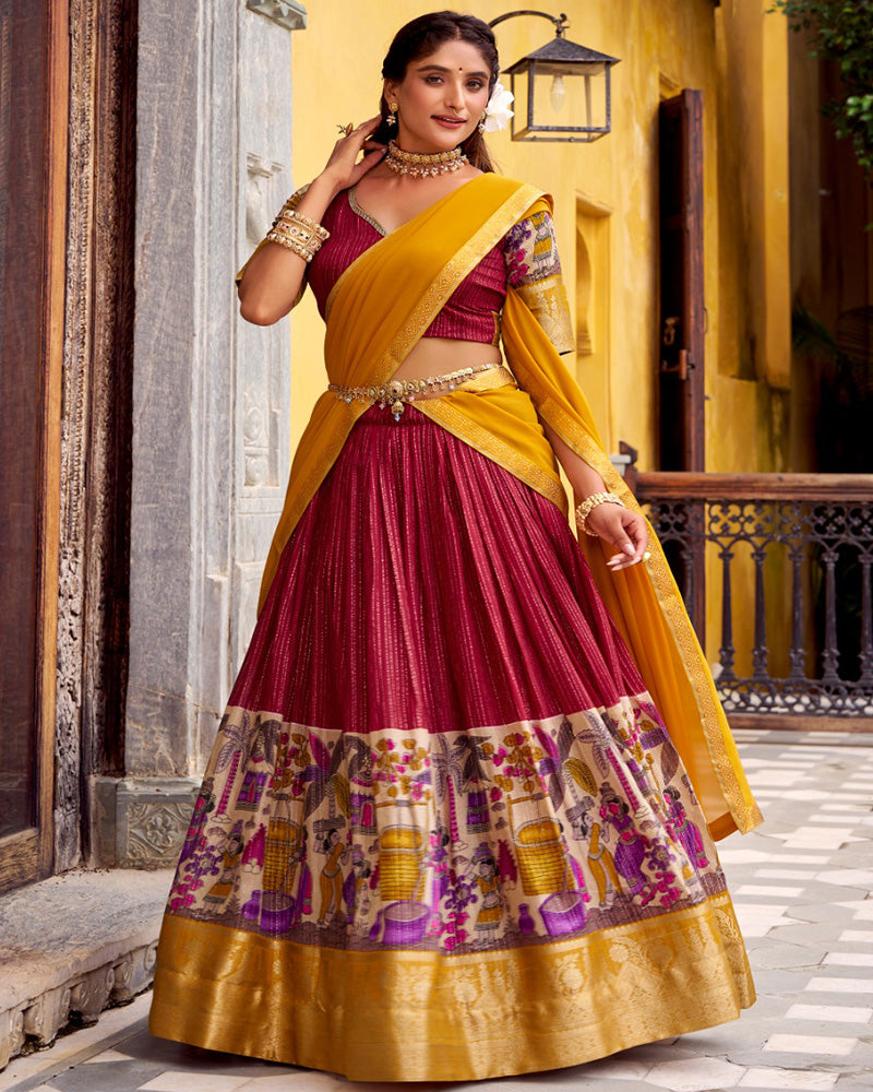 Red Color Poly Chanderi Printed Designer Lehenga Choli - ETHNICDEAL