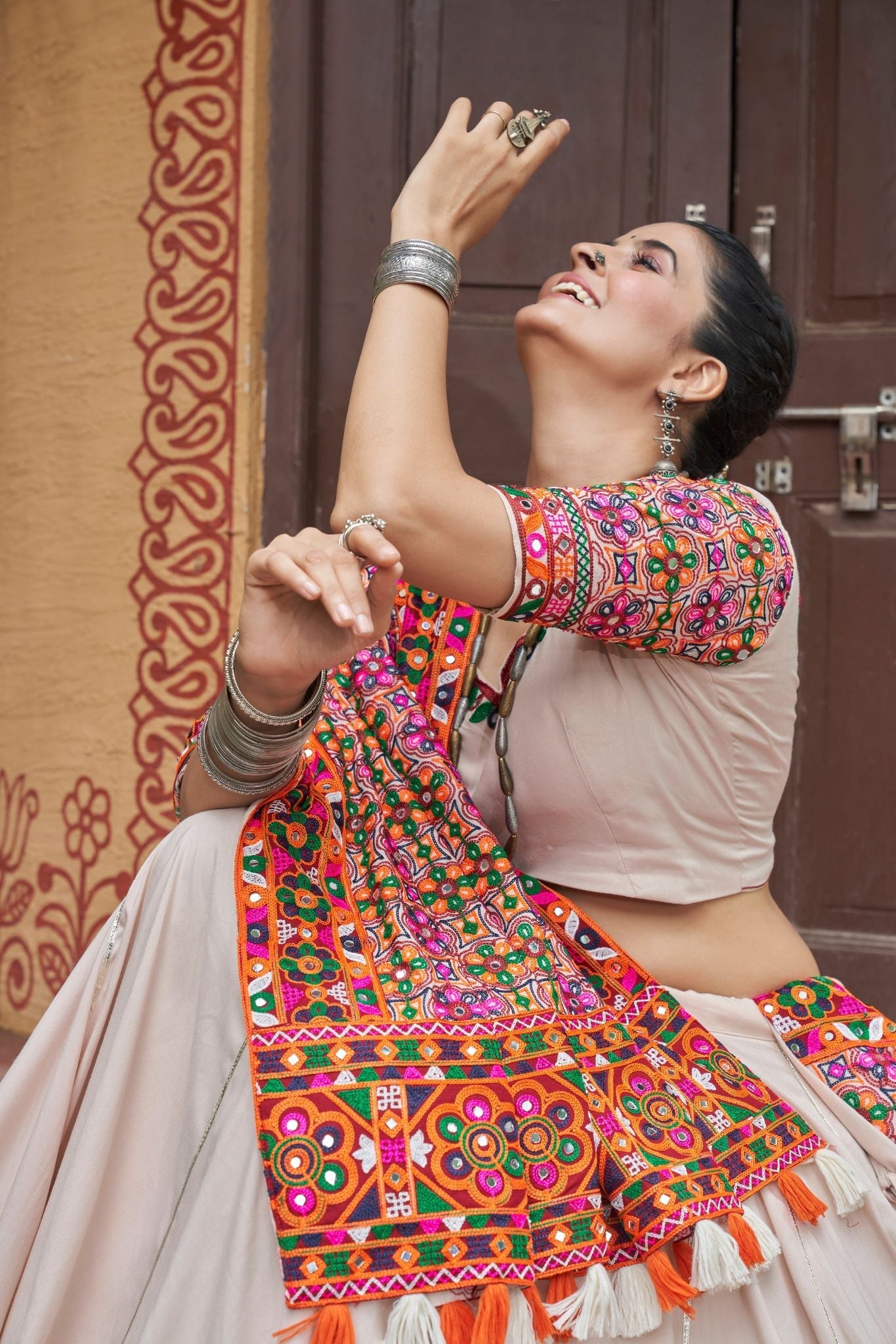 Beige Color Viscose Rayon Navratri Lehenga Choli - ETHNICDEAL