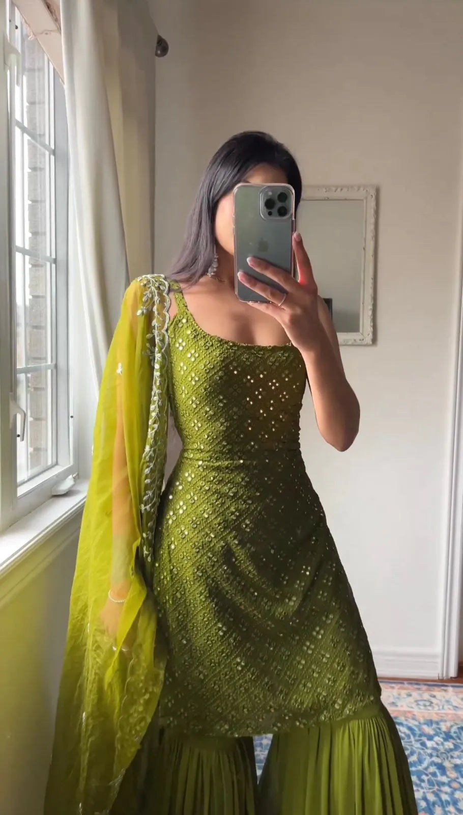 Festive Wear Olive Green Embroidered Georgette Kurti Sharara Suit | Reception & Sangeet Wear