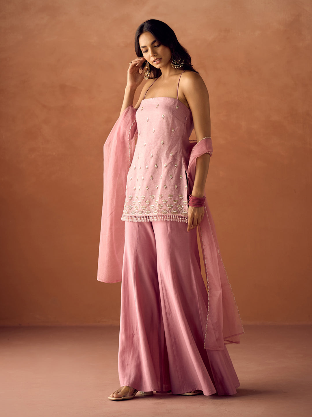 Light Pink Embroidered Organza Sharara Suit Set for Women