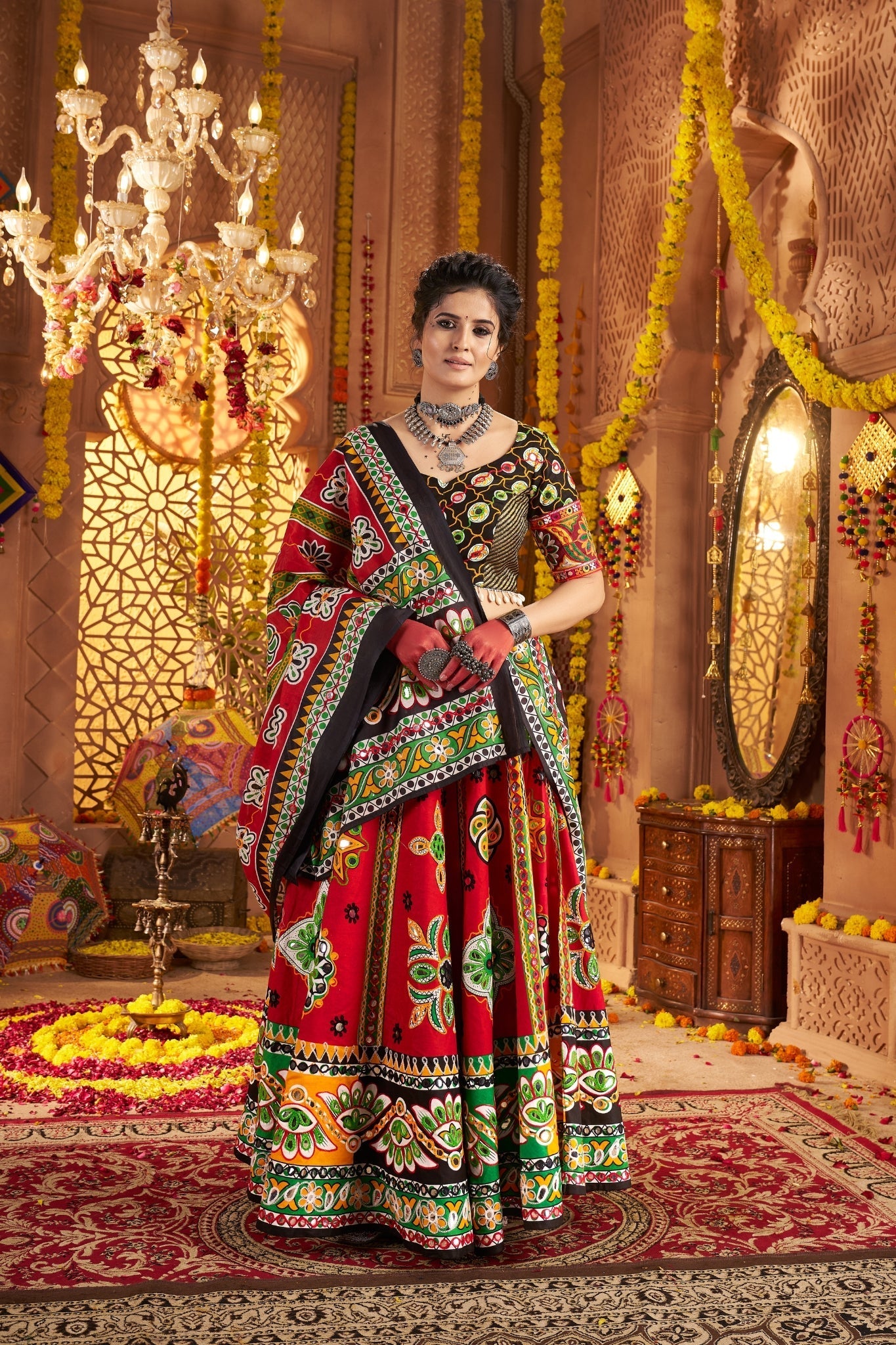 Maroon Organic Cotton Designer Navratri Lehenga Choli Set - ETHNICDEAL