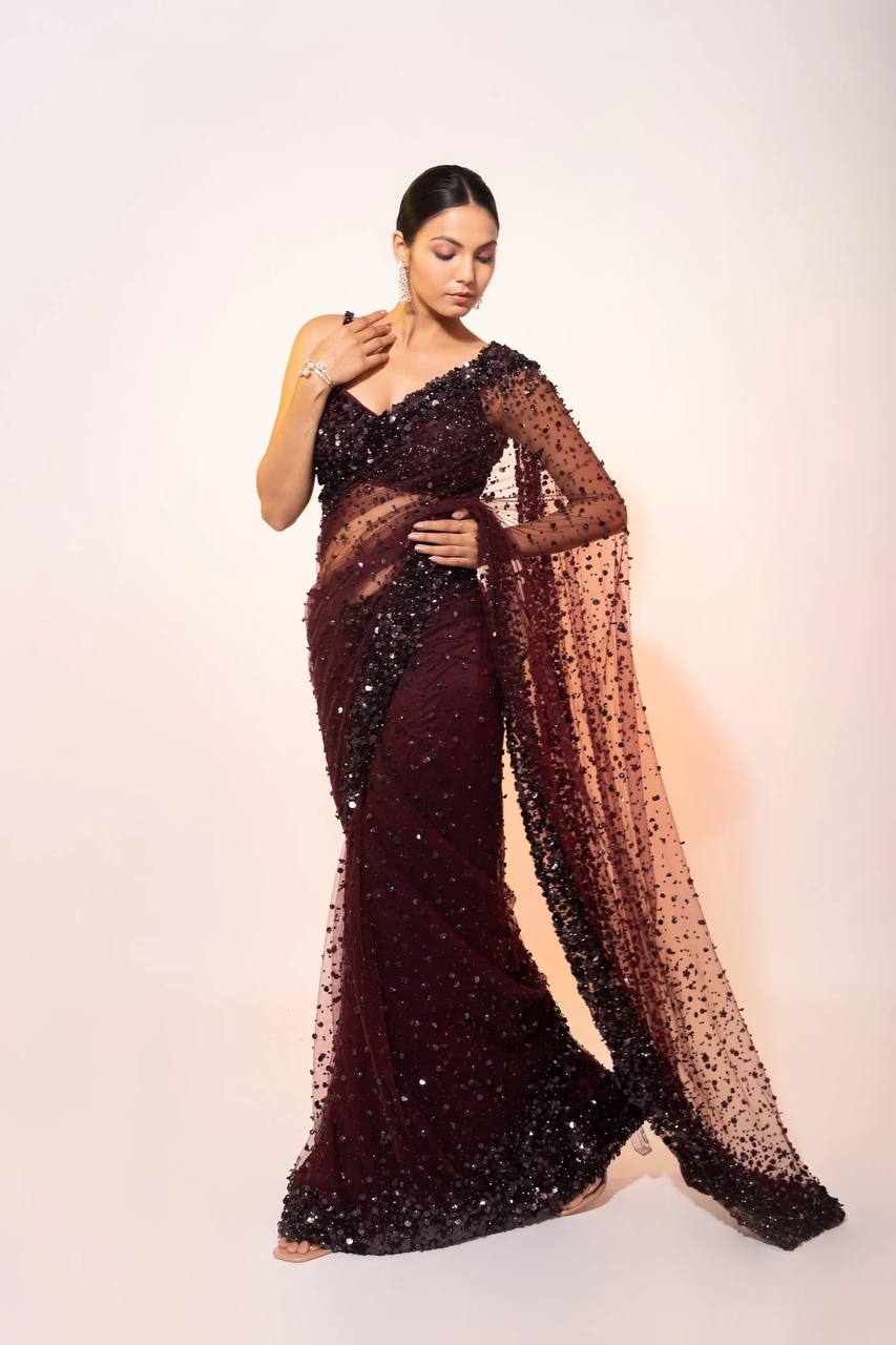 Dark Brown Glamorous Net Saree | Engagement & Party Wear