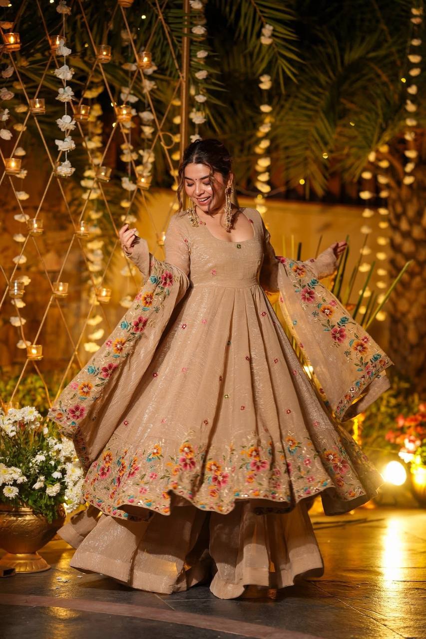 Champagne Beige Anarkali Sharara Set For Elegant Festive Wear | Sharara Set For Women