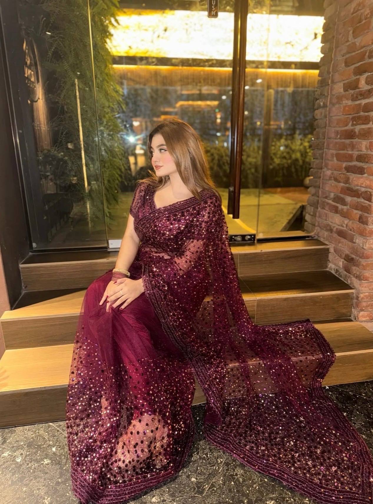 Party Wear Majestic Wine Net Sequins Work Saree For Women | Net Glitter Saree For Weddings