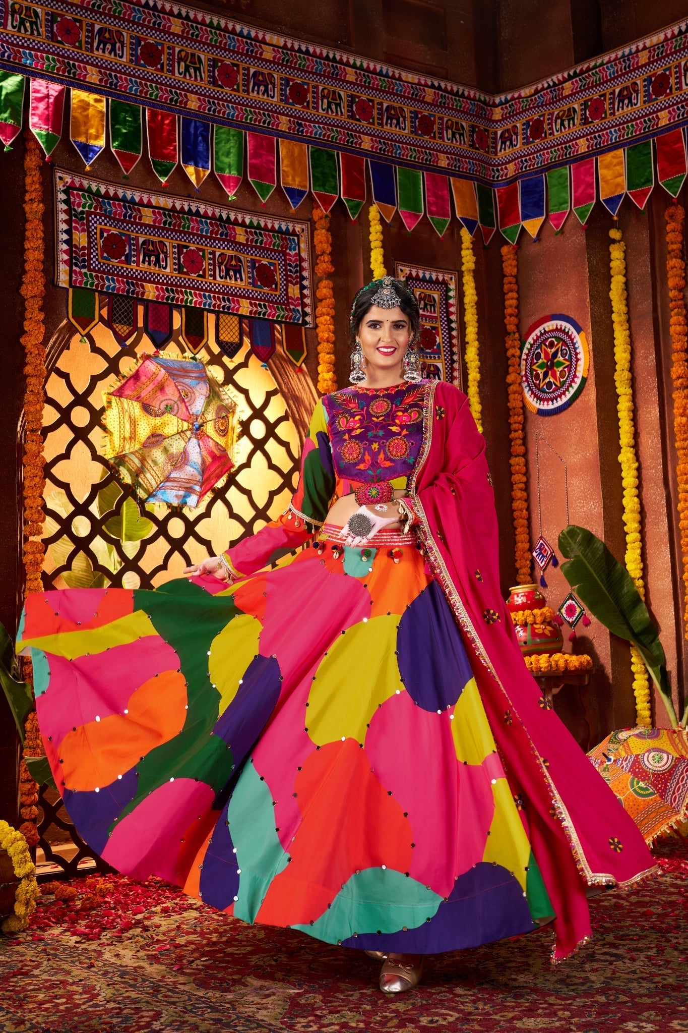 Beautiful Multi Color Designer Maslin Traditional Navratri Special Lehenga Choli - ETHNICDEAL