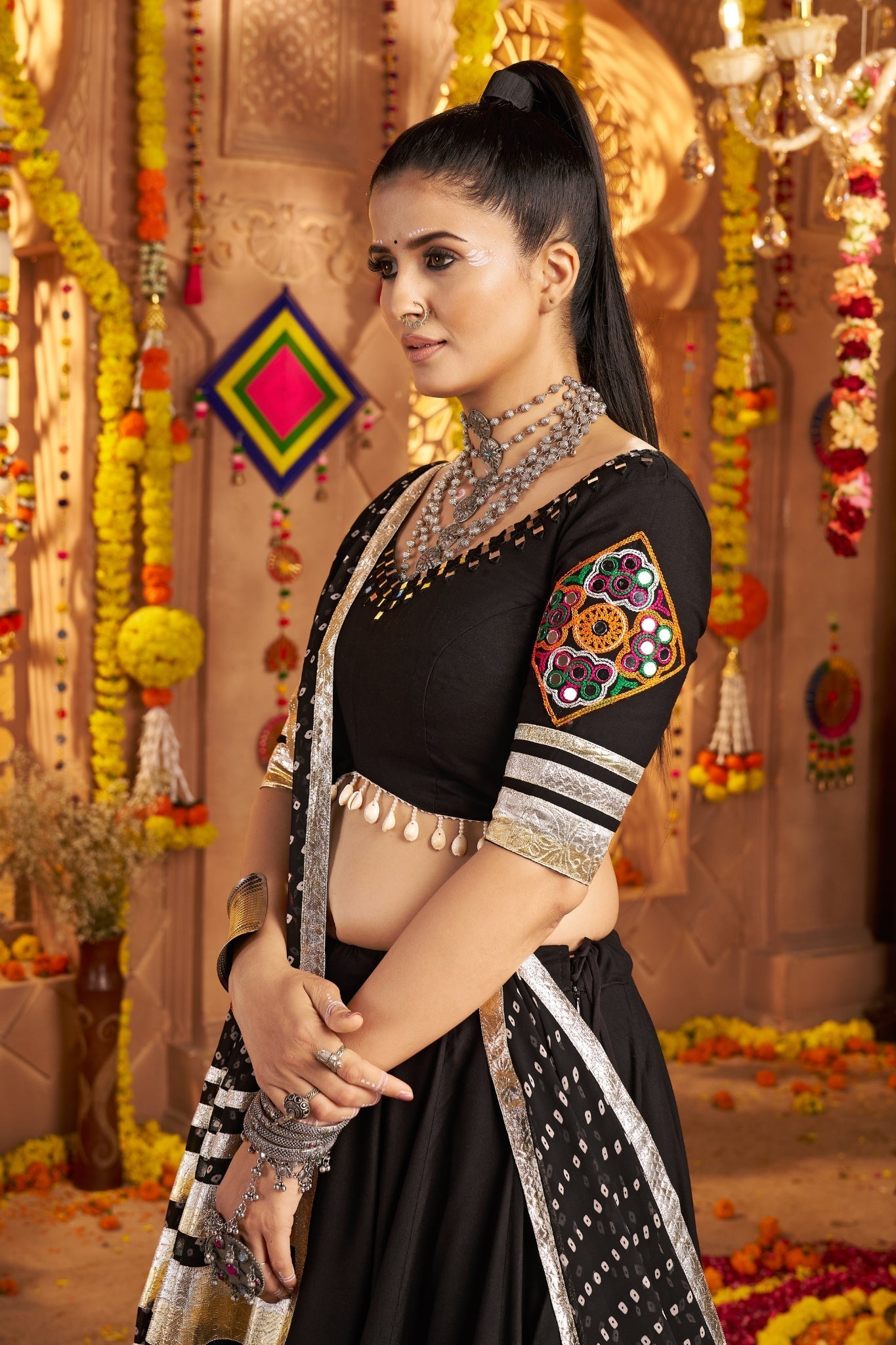 Navratri crafted Designer Viscose Rayon Tread Embroidered With Mirror Work Black Readymade Lehenga Choli - ETHNICDEAL