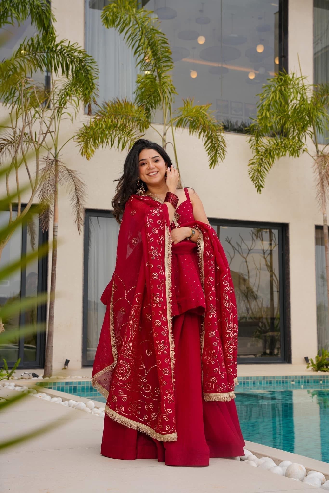 Wedding Wear Wine Red Sharara Set For Women